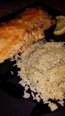 Baked Cod Parmesan and Rice Pilaf, takeout