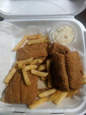 Large catfish dinner with french fries and coleslaw