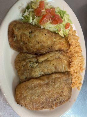 Chile Rellenos served with Rice, Beans, and a side salad