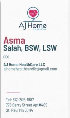 AJ Home HealthCare LLC Business Card