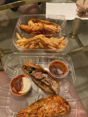 Chicken Parm Egg Roll, BBQ Pork Egg Roll, French Fries