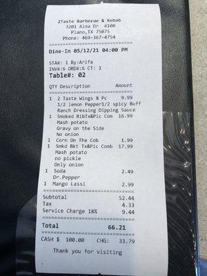 Receipt showing service charge of 18% for two people!!