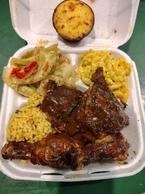 Jerk chicken cabbage and rice & mac and cheese