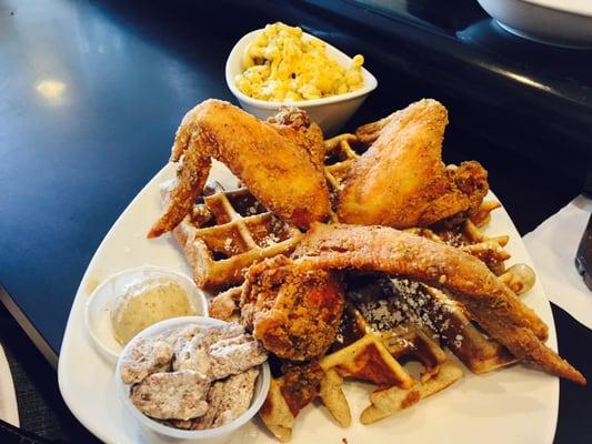 The Carolina Cockerel with 3 wings, sweet potato waffle with maple pecan smear.