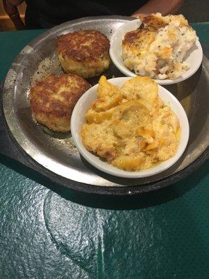 Crab cakes with lots of crab and no bell pepper, squash casserole and twice baked potatoes