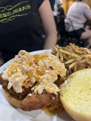 Fried chicken sandwich with pimiento cheese