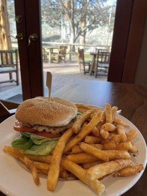 Shrimp Burger with lemon aioli, butter lettuce, ripe tomatoes and thinly sliced onions.