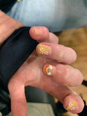 Rainbow + smiley face + flower nail art!