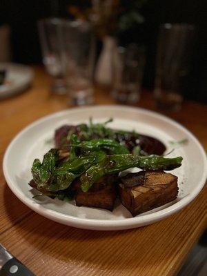 Wagyu beef and potato stacks with peppers