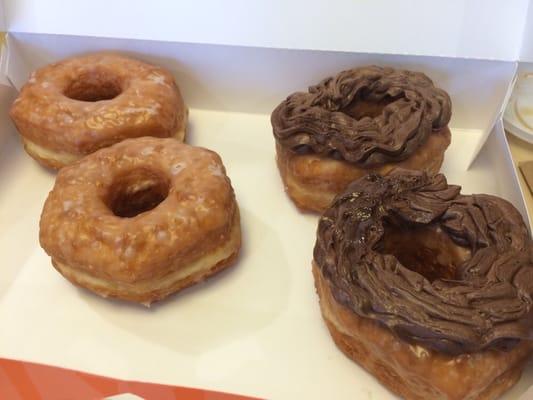 Regular Croissant donut & chocolate frosted croissant donut!! They sell out by evening.