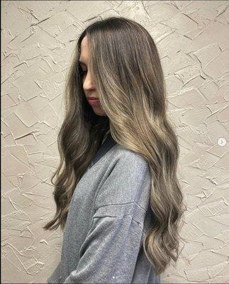 Look  at this amazing hair transformation! It's a hand painted balayage going from brunette to blonde.