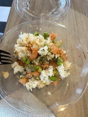 My daughter already ate most. Salmon, rice, edamame, cilantro, toasted garlic, and sesame seed oil.