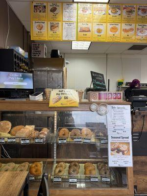 Bagel and pastry display case.