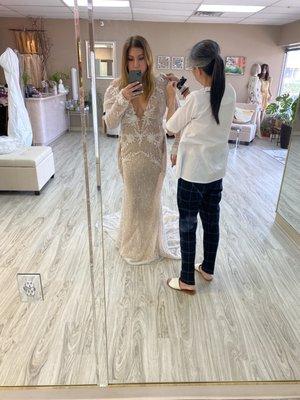 BEFORE. Thuan hard at work helping me with a dress that's 3 sizes too big.