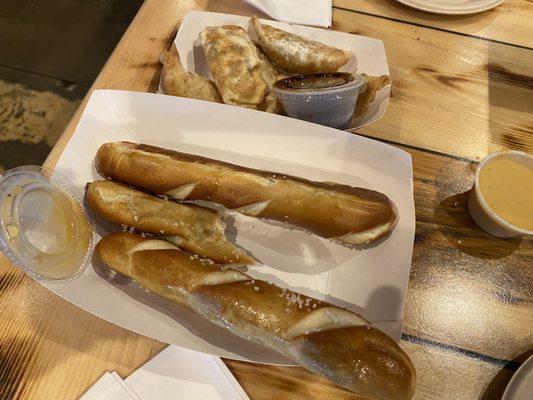 Pretzels and potstickers! Both yummy!