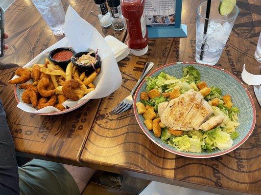 Dinner crispy shrimp and chicken ceasar salad.