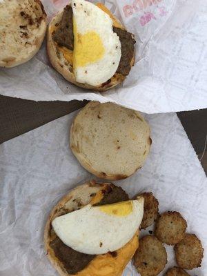 Turkey sausage and egg breakfast sandwich with egg and sausage cut in half to make 2 sandwiches!