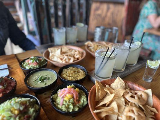 Tequila flight, salsa flight, chips and tequila shots