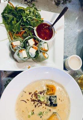 Tofu spring rolls with the INCREDIBLE Pumpkin Coconut soup.