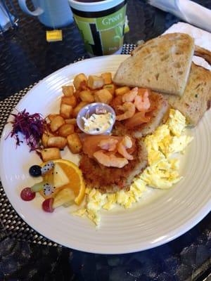 Taste of Maine special: scramble eggs with crab cakes, smoked salmon, shrimp, cream cheese spread and toasted sourdough. Delish!