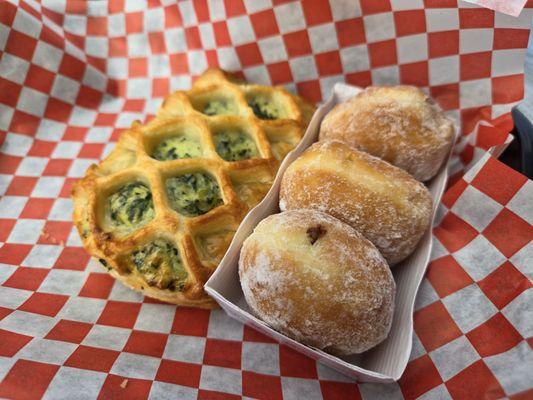 Spinach feta pastry and chocolate filled "donuts"