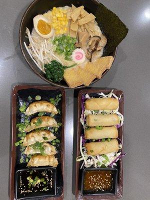 Vegetarian Ramen with tofu, veggie egg rolls, veggie gyoza