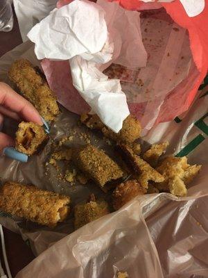 Half of the mozzarella sticks were burnt inside