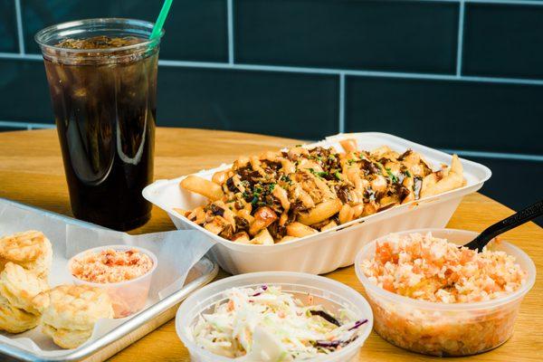 Angry Fries, freshly baked mini biscuits, and a few of our homemade slaw options!