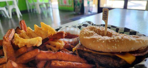 Wild west burger with a trio of sides