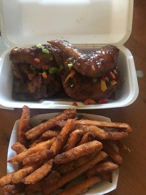 Jerk wings and small order of cinnamon crusted sweet potato fries