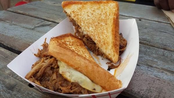 Pulled pork grilled cheese... phenomenal.. just needs a dipping vinegar based bbq sauce to make it perfection.