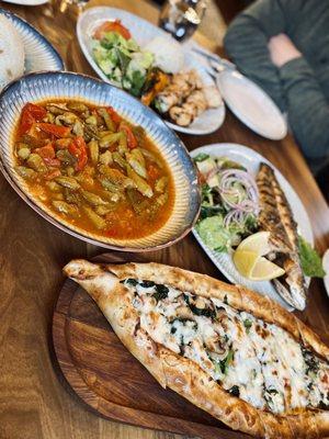 Okra, Veggie Pide, Branzini, Chicken Shish Kebab