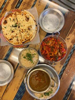 Chili Chicken, Beef Nihari, garlic naan