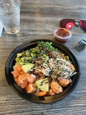 3 scoop bowl - Tuna Luau, Kimchi Shrimp, Salmon, Kimchi Sauce on the side