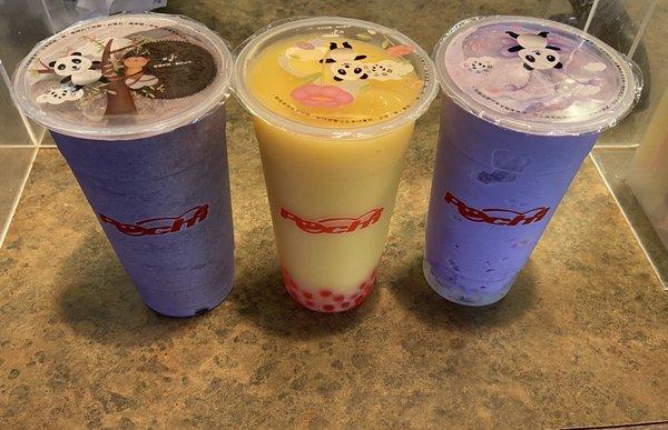 Right to Left Taro Oreo Shake Mango + Peach Slush with Strawberry Popping Boba Taro Shake With Lychee Jelly