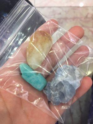 I got Citrine (orange), Amazonite (aqua), and Celestite (light blue).