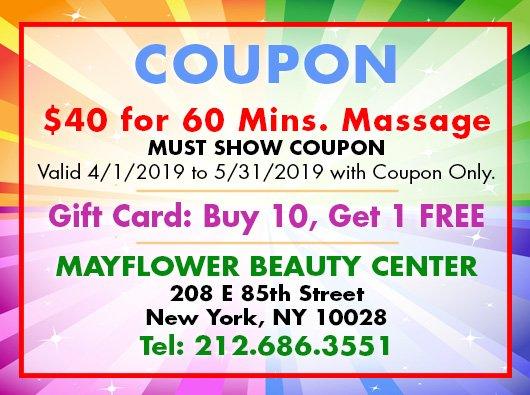 coupon $40 for 60mins massage (must show coupon, valid 4/1/2019 to 5/31/2019)