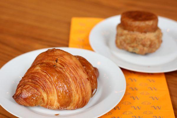 Olive Oil Croissant ($5.00) and Brown Sugar DKA ("Dominique's Kouign Amann") ($6.00)