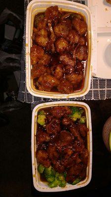 Happy Fortune orange chicken on bottom