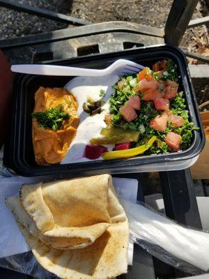 Spicy hummus, labneh, and tabouli vegetarian platter - eaten al fresco on a nearby bench.