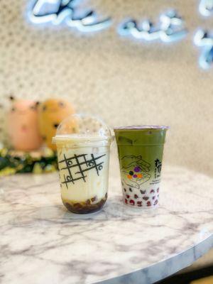 Flaming Brown Sugar Boba Dirty Milk, Uji Matcha Latte