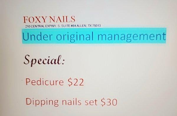 Foxy nails special pedicure $22, dipping powder nails set $30