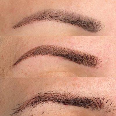 Right eyebrow: before, after powder fill and correction, after touch up