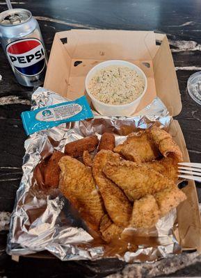 Fried flounder, hush puppies & cole slaw.