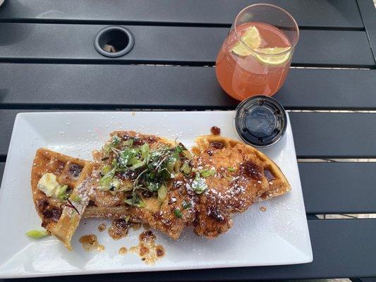 Chicken and waffles, grapefruit mimosa