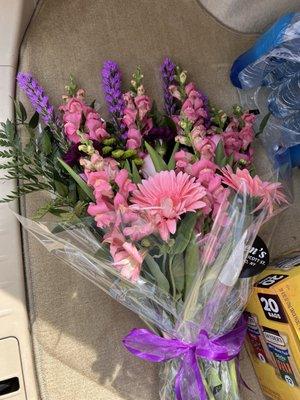 $40 spring mix bouquet. I got to choose the colors (purple and pink).