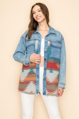 Stare In Awe With This W.A.Y Wonderful & Young Denim Oversized Aztec Jacket With Studs.