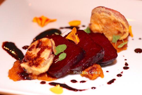 Vegetarian 3rd course from Duck, Buck, Grouse - beets with miso squash and tempura sweet potato. Beets were very heavily seasoned.