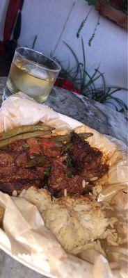 Pulled Armenian-Style Pulled Leg of Armenian Style Braised Lamb Shank with a seasoned Rice; Asparagus