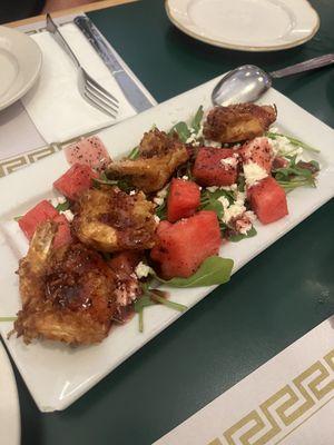 Coconut shrimp over a watermelon feta salad!